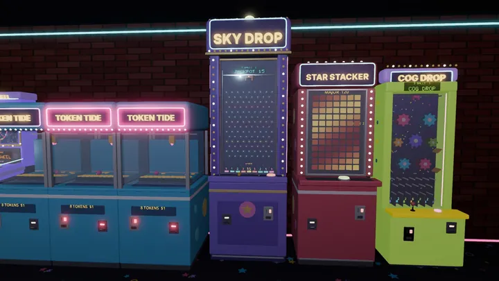 Sky Drop в игровом зале: высокий автомат со светящейся вывеской и рядами горящих штырьков, между толкателями монет Token Tide, Star Stacker и Cog Drop.