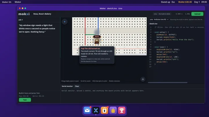 Mokxi на компьютере в игре: светодиод без резистора сгорает, и рядом заметка, почему.