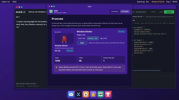 Приложение Stall на компьютере в игре: мигалка для витрины продаётся за 31,00 $, идёт реклама, видны просмотры, клики и заказы.